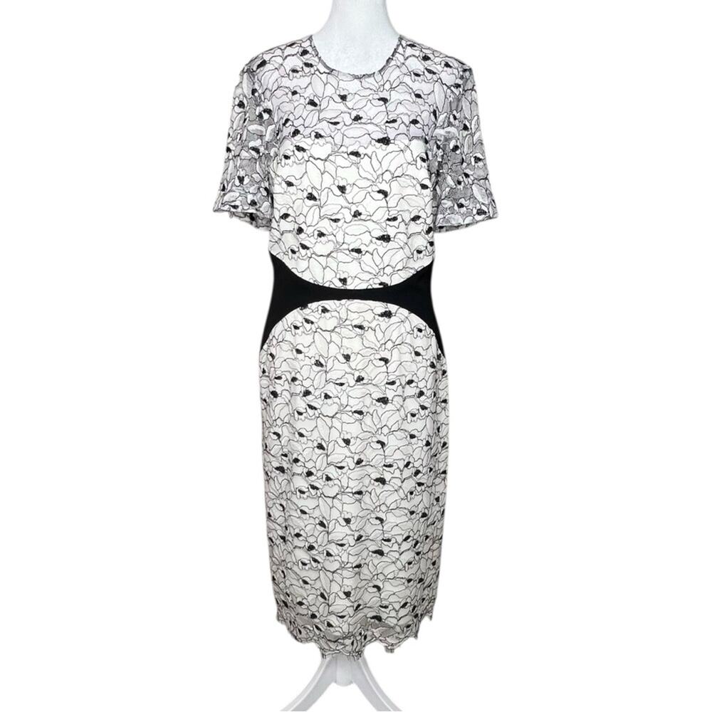 Lela Rose Lace Monochrome MIdi Dress Size 14 Cream Black Wool Blend Coquette USA